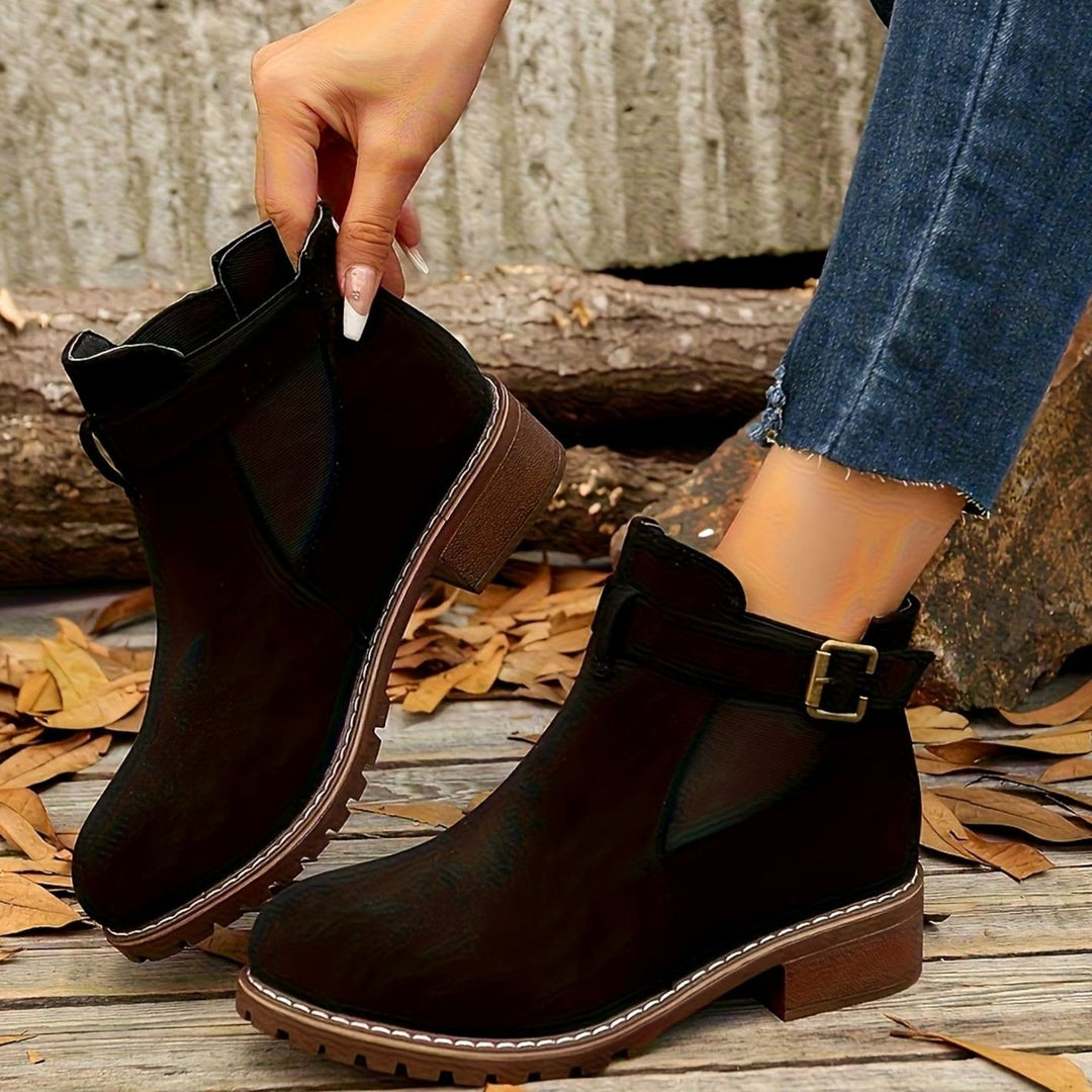 Damen Stiefeletten mit Blockabsatz Schnallenriemen Chelsea-Stil