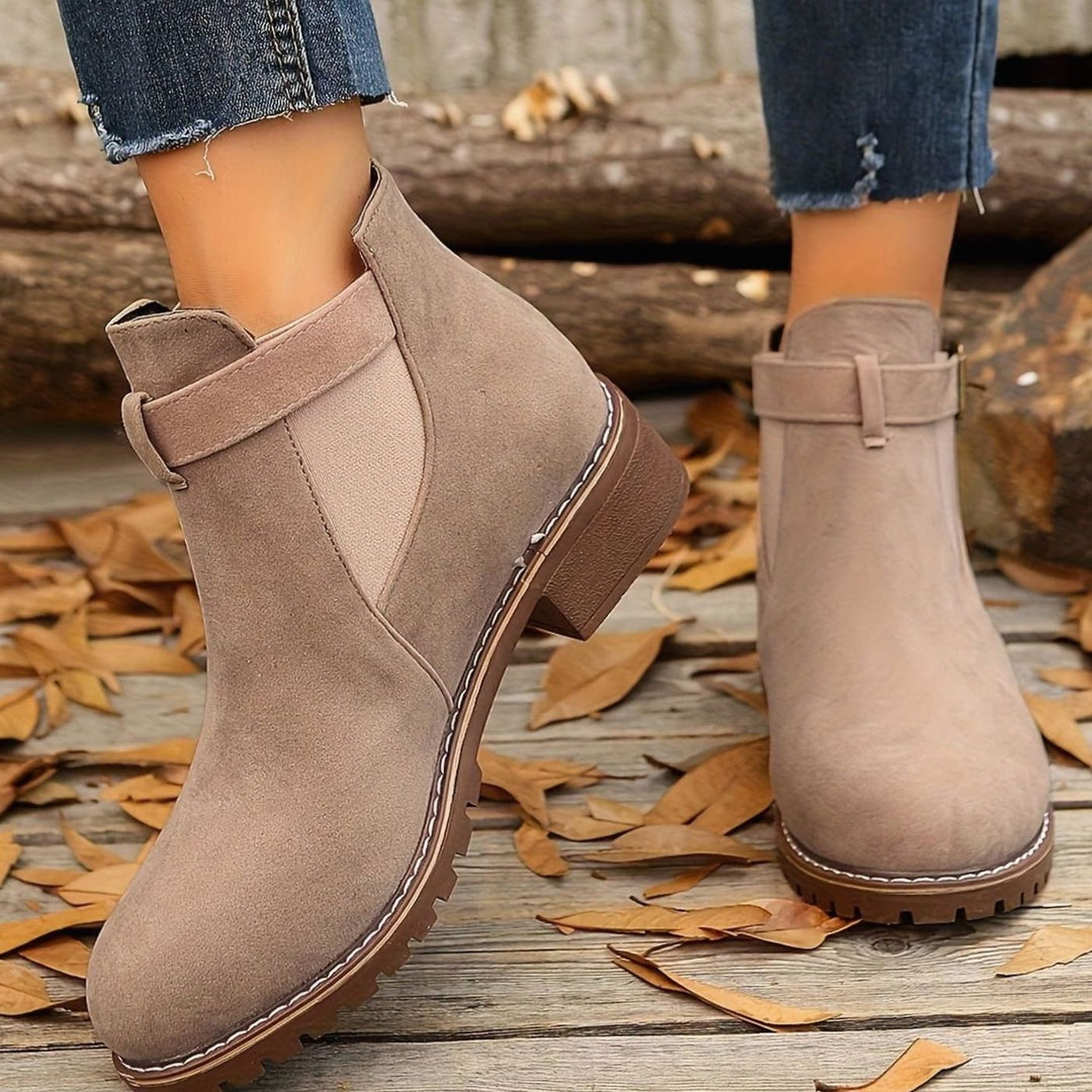 Damen Stiefeletten mit Blockabsatz Schnallenriemen Chelsea-Stil