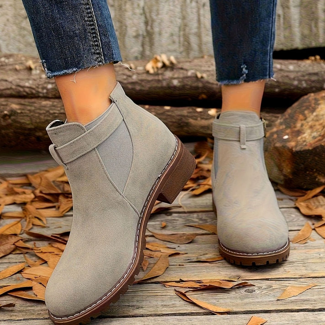 Damen Stiefeletten mit Blockabsatz Schnallenriemen Chelsea-Stil