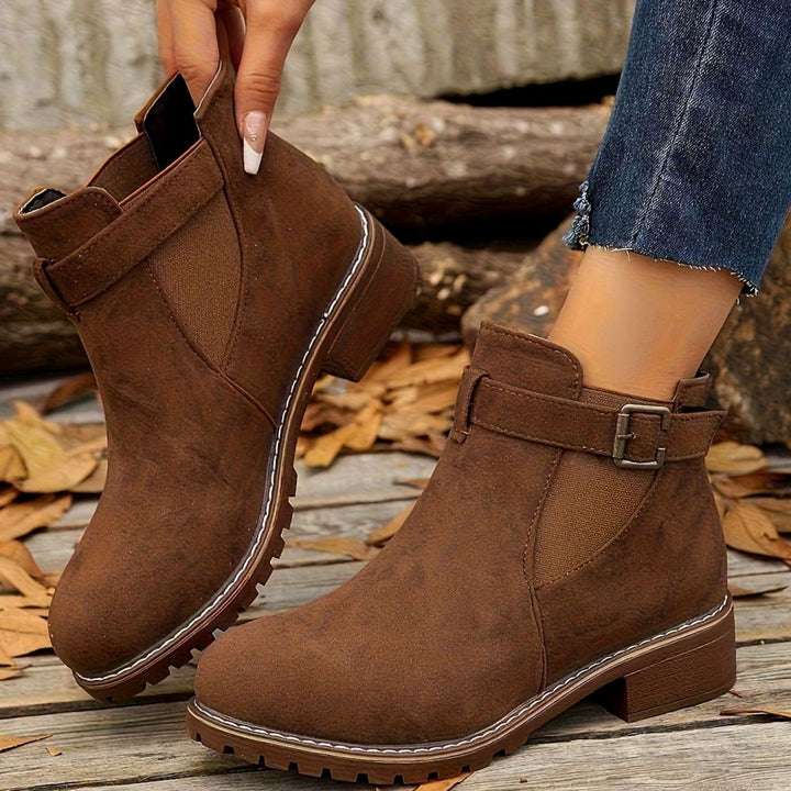 Damen Stiefeletten mit Blockabsatz Schnallenriemen Chelsea-Stil