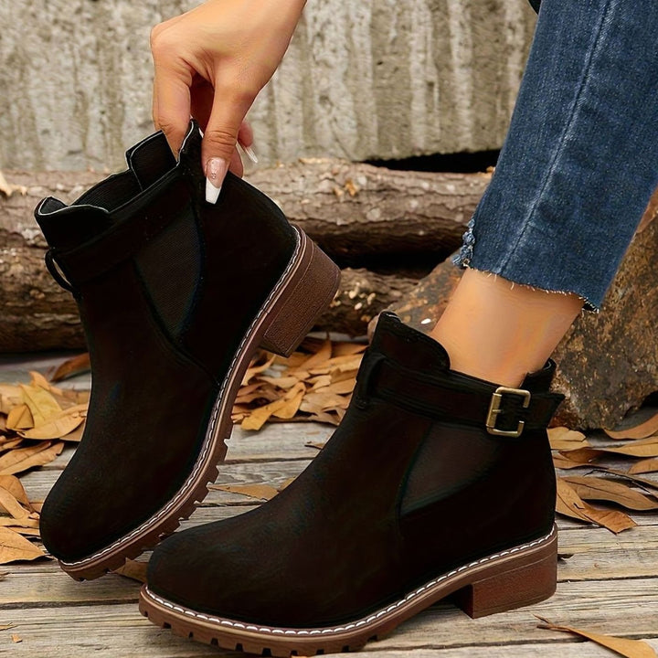 Damen Stiefeletten mit Blockabsatz Schnallenriemen Chelsea-Stil - Schwarz
