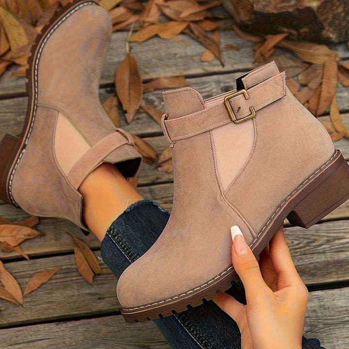 Damen Stiefeletten mit Blockabsatz Schnallenriemen Chelsea-Stil