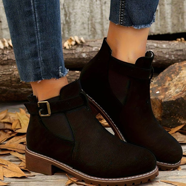 Damen Stiefeletten mit Blockabsatz Schnallenriemen Chelsea-Stil