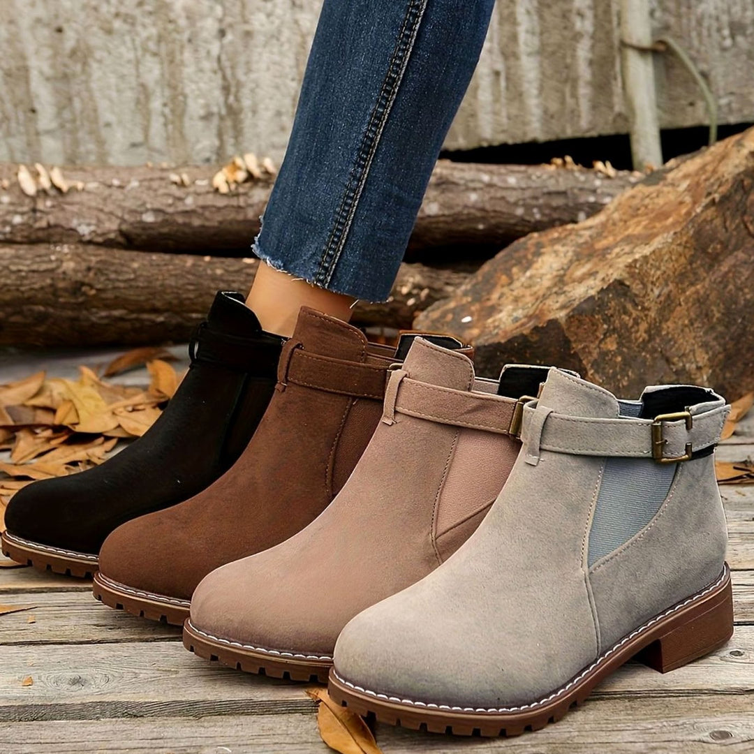 Damen Stiefeletten mit Blockabsatz Schnallenriemen Chelsea-Stil