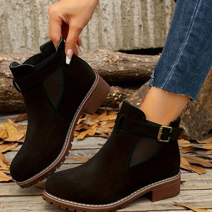 Damen Stiefeletten mit Blockabsatz Schnallenriemen Chelsea-Stil