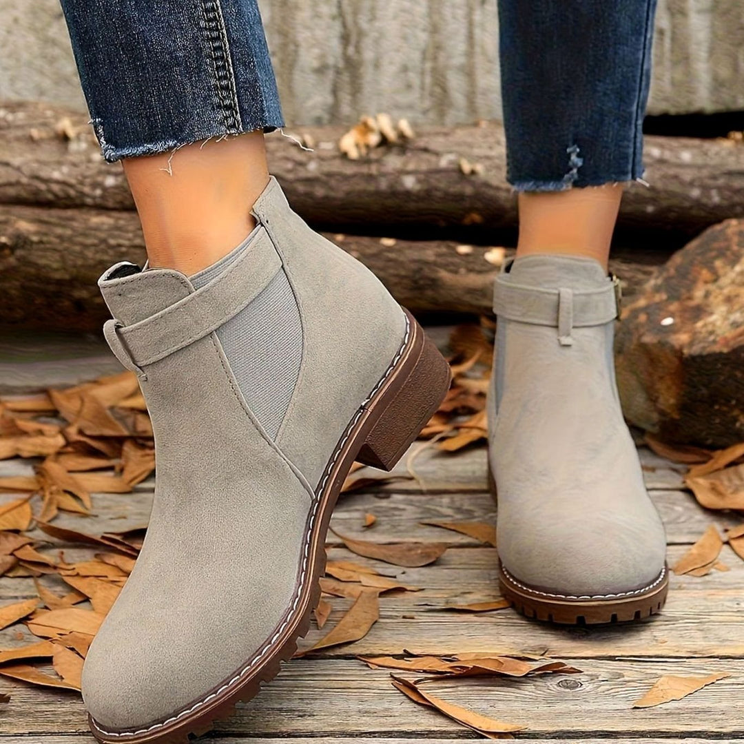 Damen Stiefeletten mit Blockabsatz Schnallenriemen Chelsea-Stil