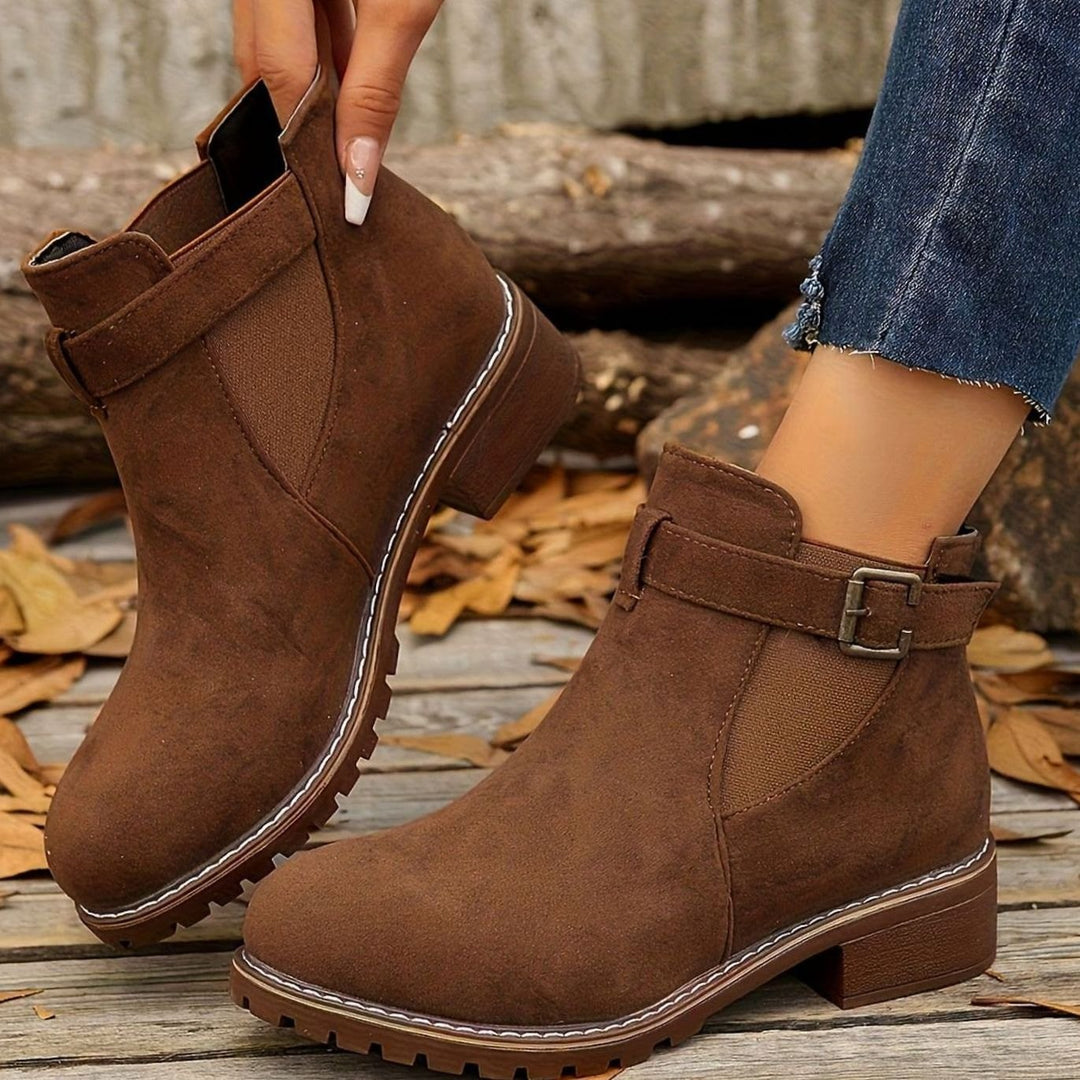 Damen Stiefeletten mit Blockabsatz Schnallenriemen Chelsea-Stil