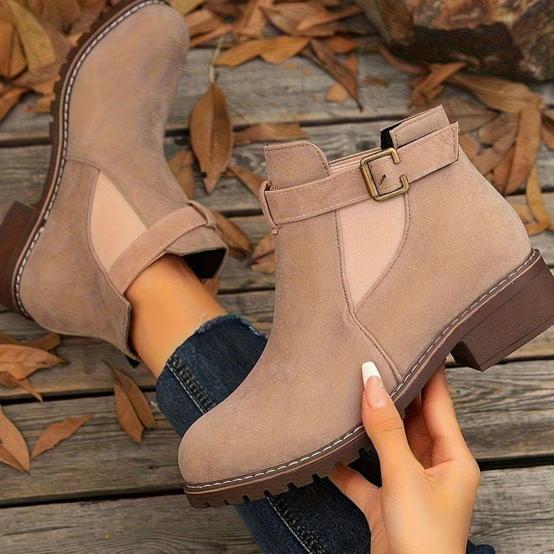 Damen Stiefeletten mit Blockabsatz Schnallenriemen Chelsea-Stil