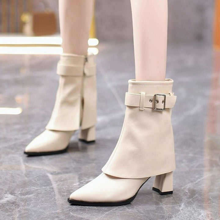 Damen Stiefeletten mit Blockabsatz Schnallenriemen Spitzer Zehenbereich - Creme