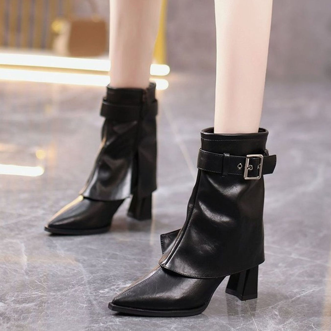 Damen Stiefeletten mit Blockabsatz Schnallenriemen Spitzer Zehenbereich - Schwarz