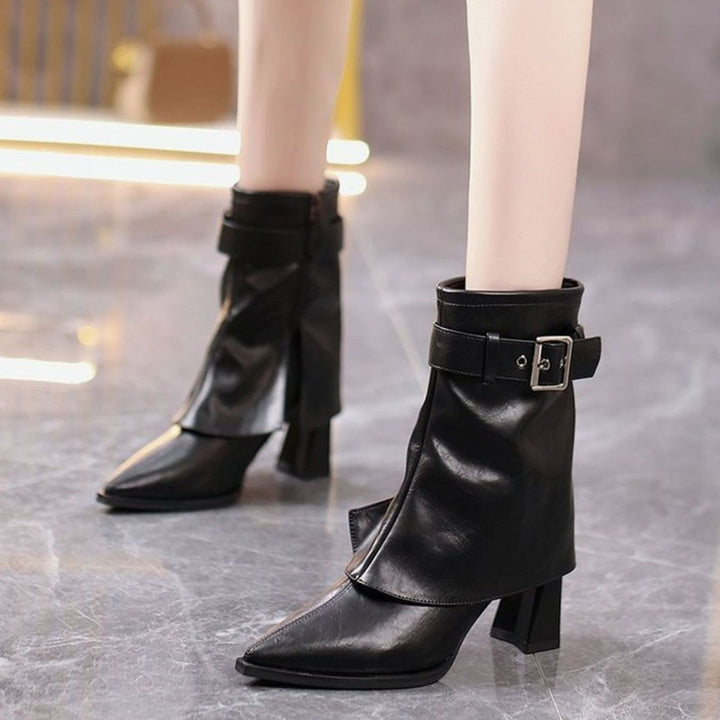Damen Stiefeletten mit Blockabsatz Schnallenriemen Spitzer Zehenbereich - Schwarz