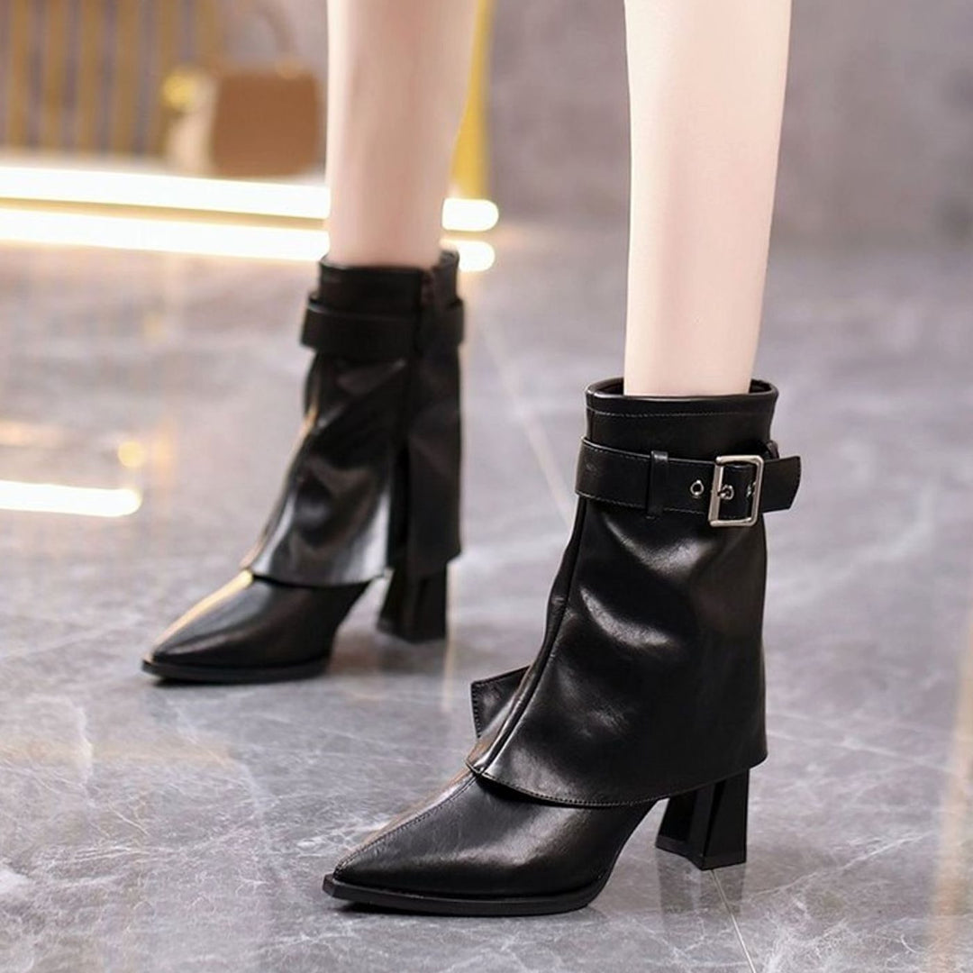 Damen Stiefeletten mit Blockabsatz Schnallenriemen Spitzer Zehenbereich