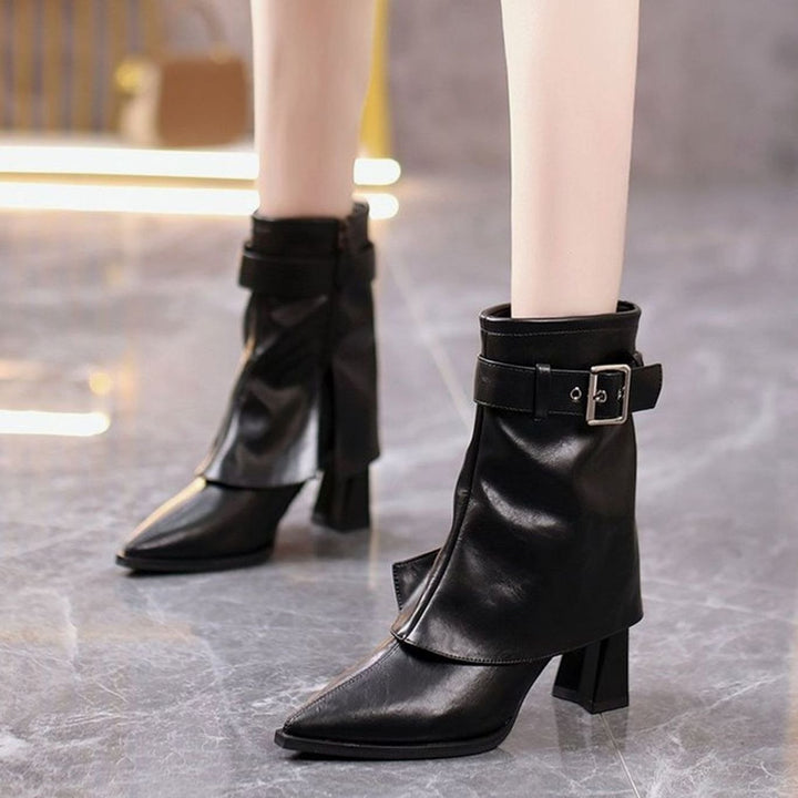Damen Stiefeletten mit Blockabsatz Schnallenriemen Spitzer Zehenbereich