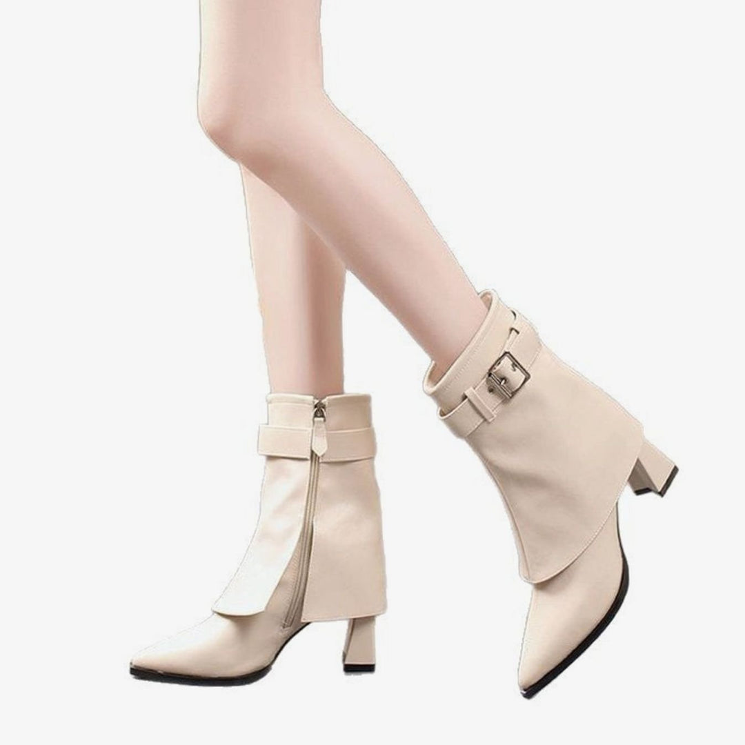 Damen Stiefeletten mit Blockabsatz Schnallenriemen Spitzer Zehenbereich