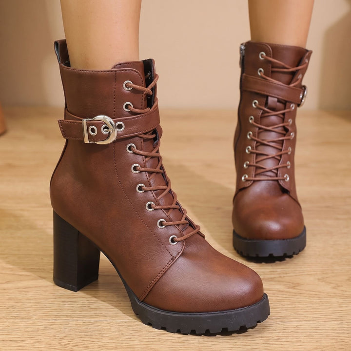 Damen Stiefeletten mit Blockabsatz Schnürung und Schnalle - Braun