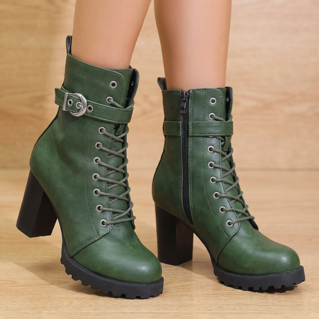 Damen Stiefeletten mit Blockabsatz Schnürung und Schnalle - Grün