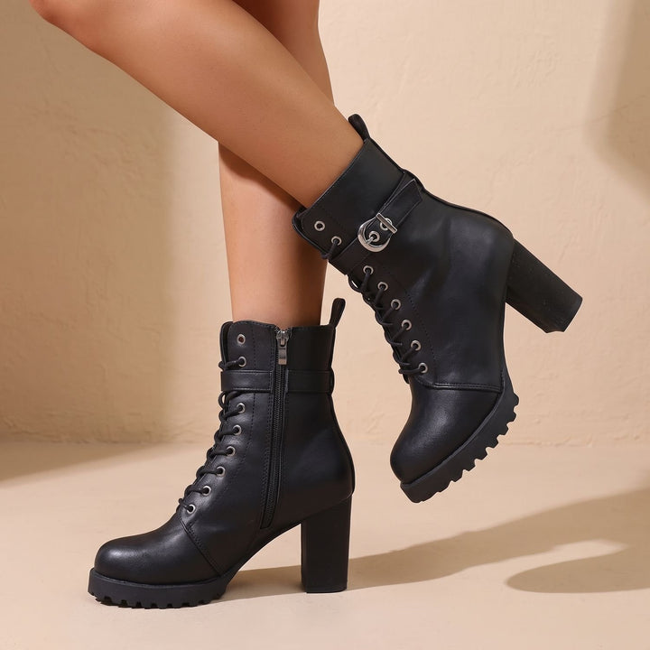 Damen Stiefeletten mit Blockabsatz Schnürung und Schnalle