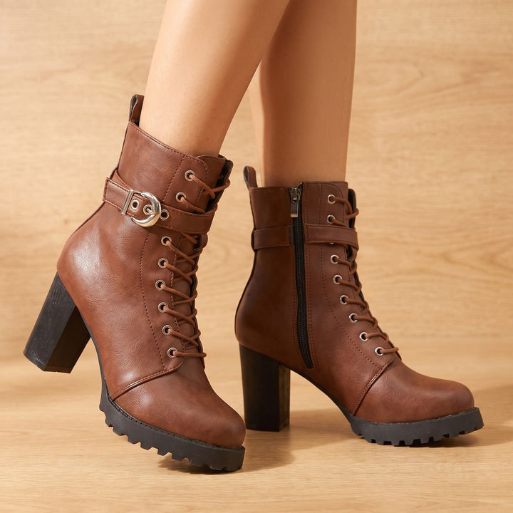 Damen Stiefeletten mit Blockabsatz Schnürung und Schnalle