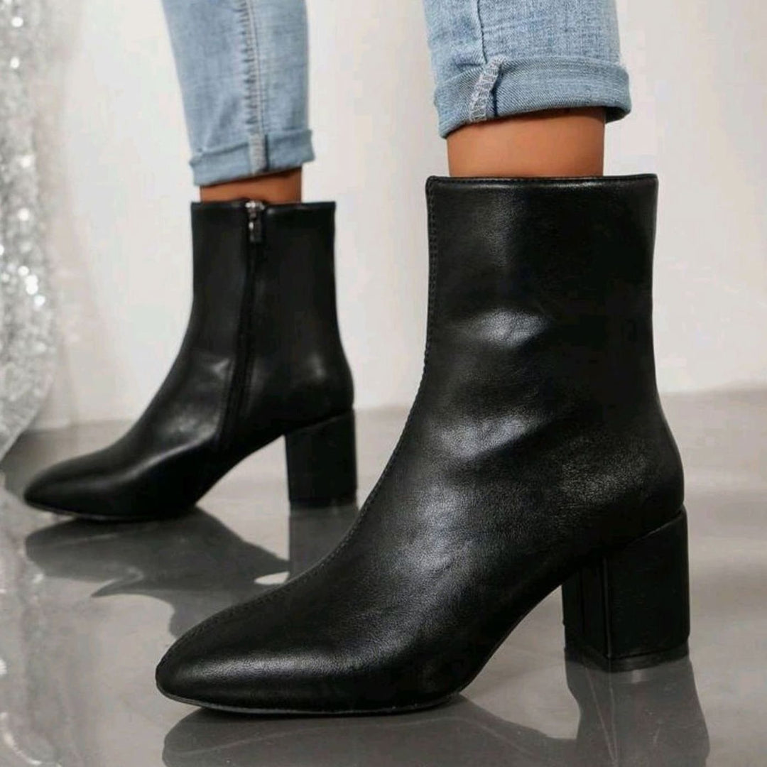 Damen Stiefeletten mit Blockabsatz Spitzer Zehenbereich Seitlicher Reißverschluss - Schwarz