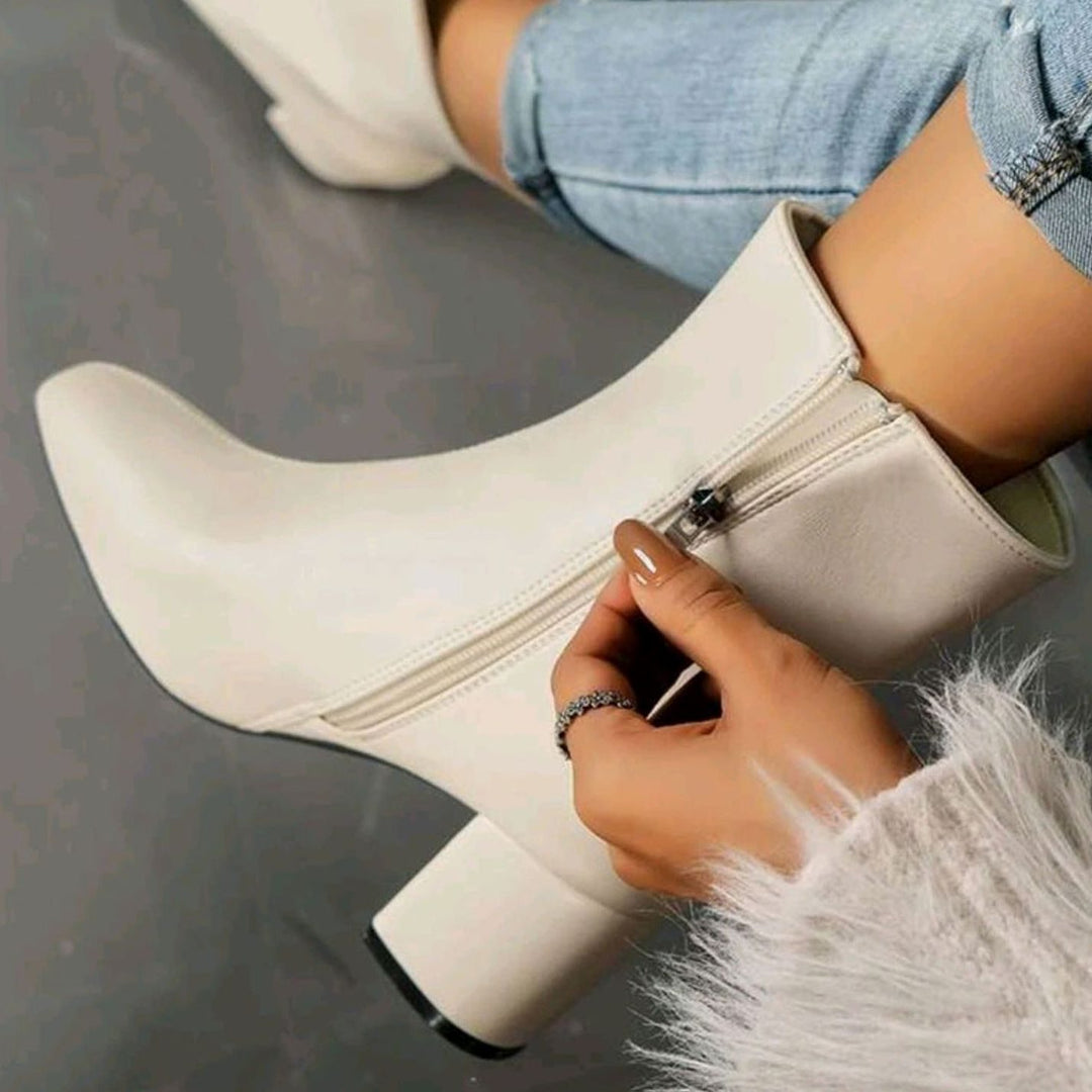 Damen Stiefeletten mit Blockabsatz Spitzer Zehenbereich Seitlicher Reißverschluss