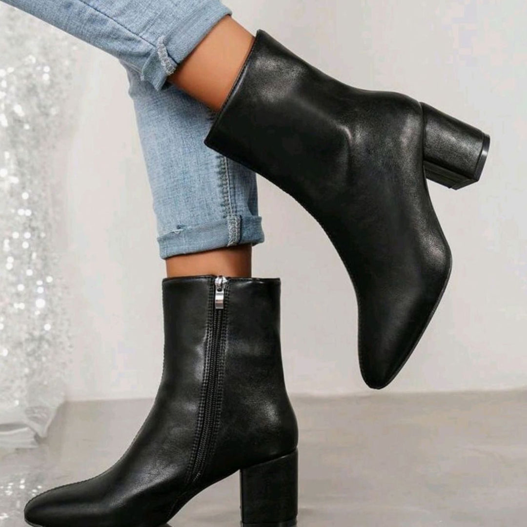 Damen Stiefeletten mit Blockabsatz Spitzer Zehenbereich Seitlicher Reißverschluss