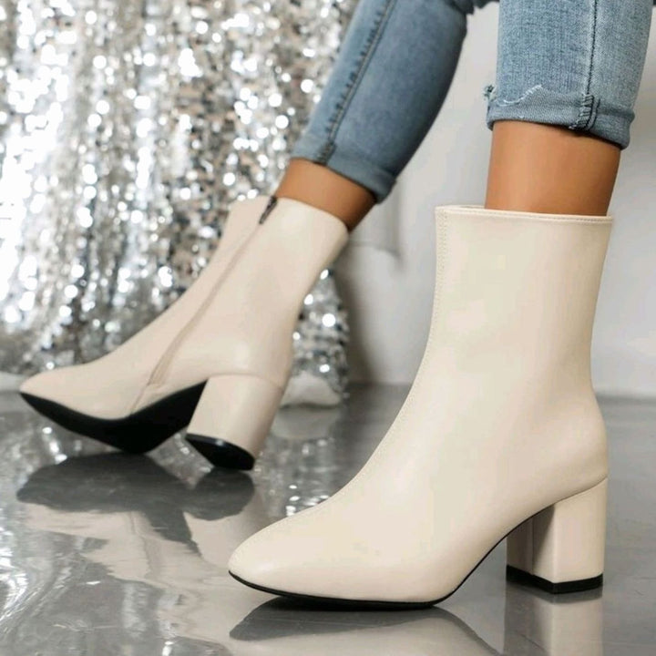 Damen Stiefeletten mit Blockabsatz Spitzer Zehenbereich Seitlicher Reißverschluss