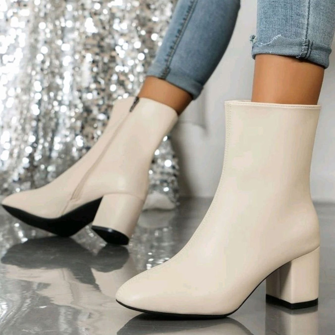 Damen Stiefeletten mit Blockabsatz Spitzer Zehenbereich Seitlicher Reißverschluss - Beige