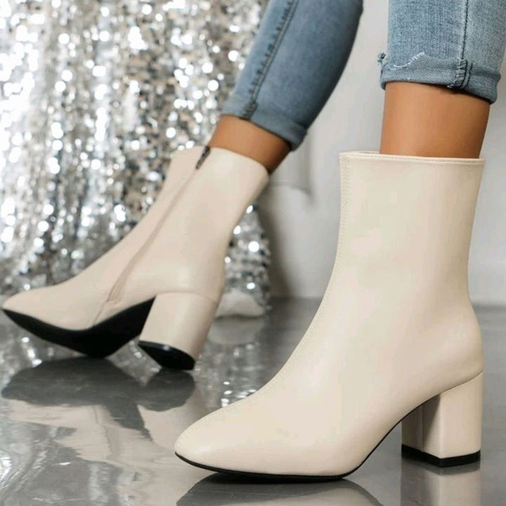 Damen Stiefeletten mit Blockabsatz Spitzer Zehenbereich Seitlicher Reißverschluss - Beige