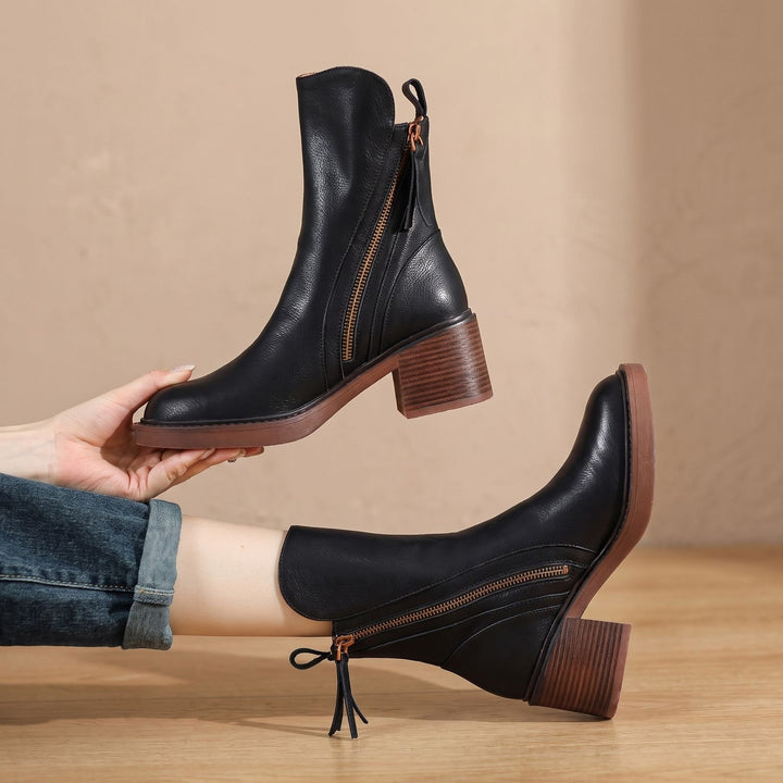 Damen Stiefeletten mit Blockabsatz und Seitlichem Reißverschluss - Schwarz