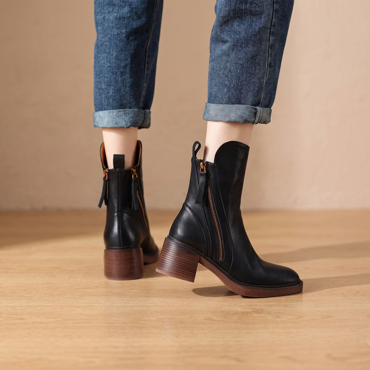 Damen Stiefeletten mit Blockabsatz und Seitlichem Reißverschluss