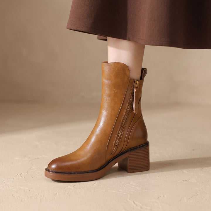 Damen Stiefeletten mit Blockabsatz und Seitlichem Reißverschluss