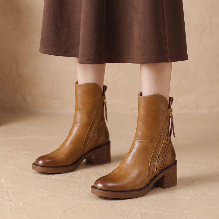 Damen Stiefeletten mit Blockabsatz und Seitlichem Reißverschluss - Braun
