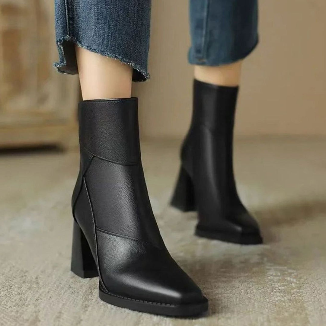 Damen Stiefeletten mit Blockabsatz und spitzer Kappe aus Kunstleder