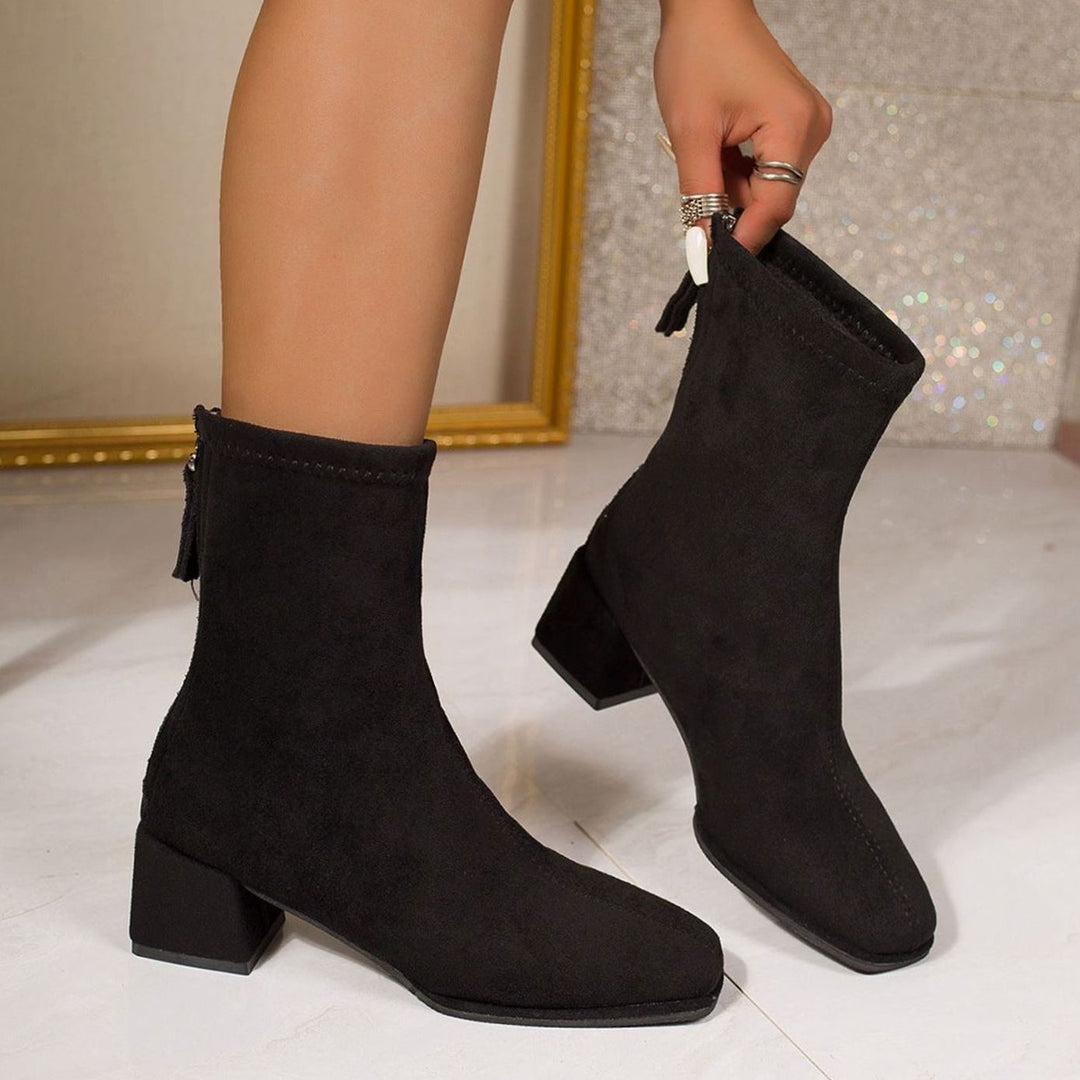 Damen Stiefeletten mit Blockabsatz Wildleder-Optik Reißverschluss