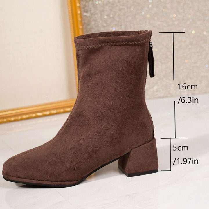 Damen Stiefeletten mit Blockabsatz Wildleder-Optik Reißverschluss - Braun