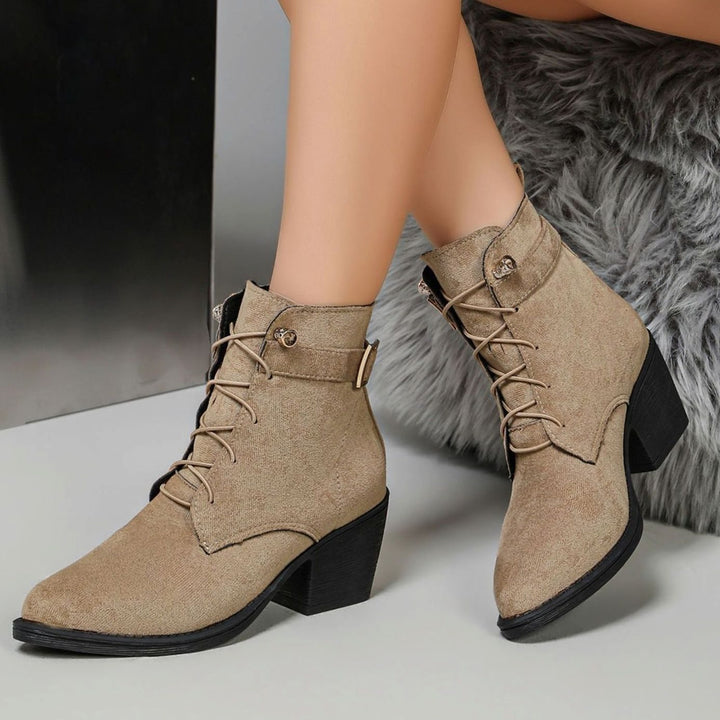 Damen Stiefeletten mit hohem Blockabsatz Schnürung Kunstleder