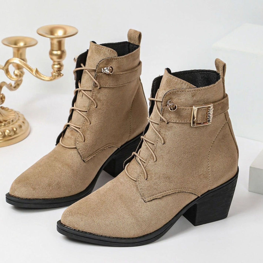 Damen Stiefeletten mit hohem Blockabsatz Schnürung Kunstleder