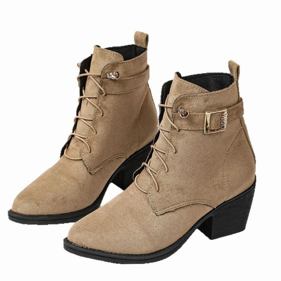 Damen Stiefeletten mit hohem Blockabsatz Schnürung Kunstleder