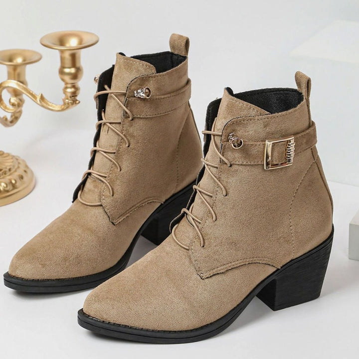 Damen Stiefeletten mit hohem Blockabsatz Schnürung Kunstleder - Khaki