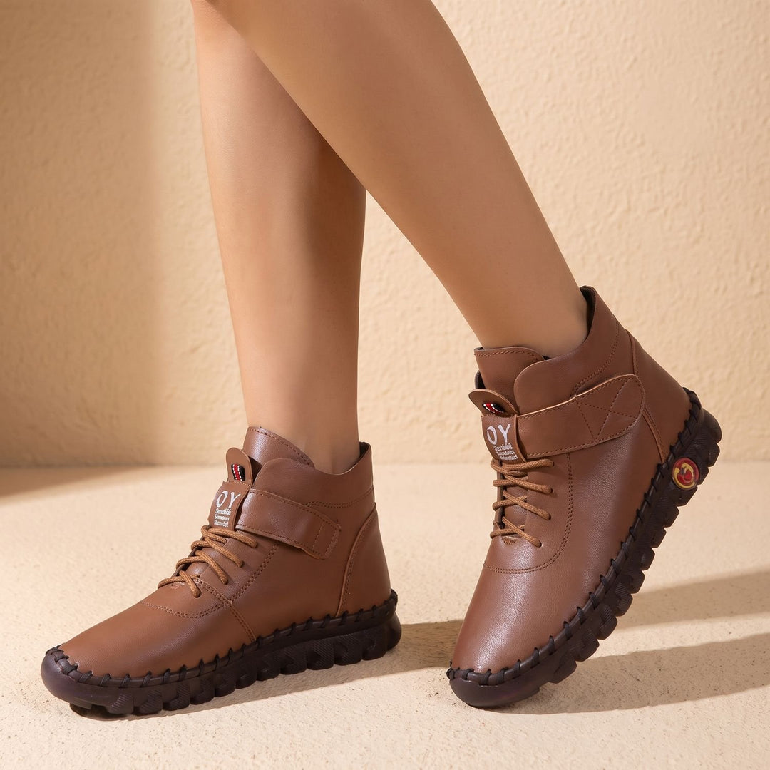 Damen Stiefeletten mit Klettverschluss elastischer Schnürung Profilsohle