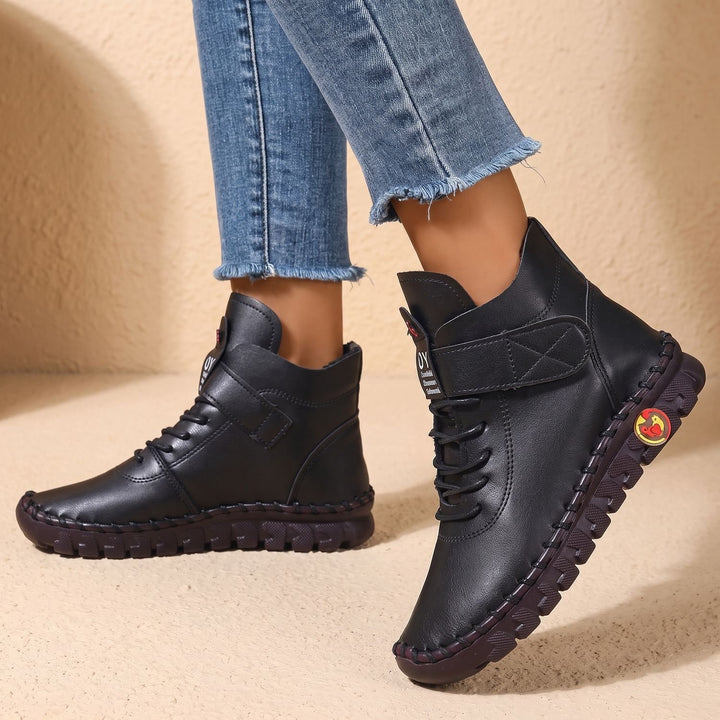 Damen Stiefeletten mit Klettverschluss elastischer Schnürung Profilsohle