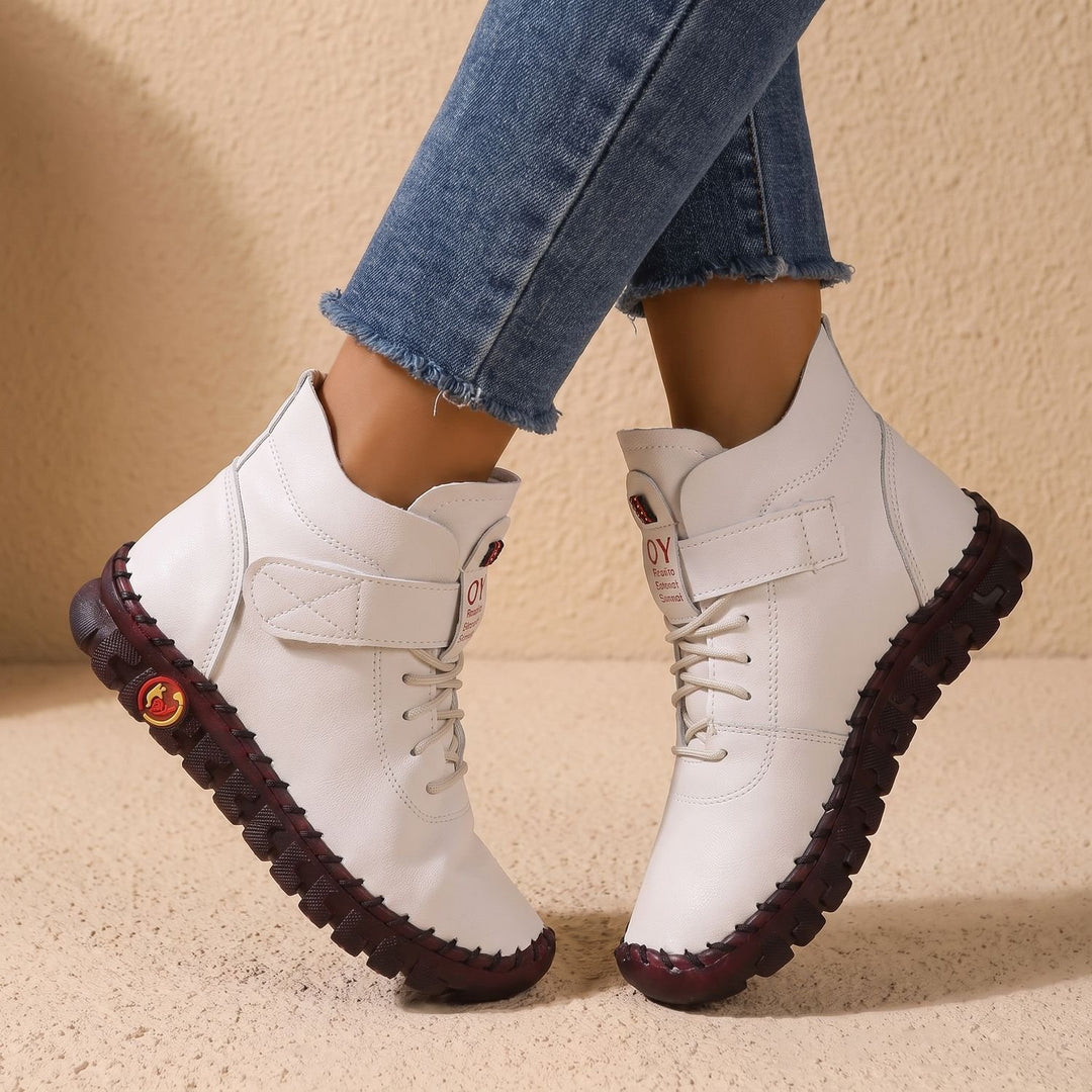 Damen Stiefeletten mit Klettverschluss elastischer Schnürung Profilsohle