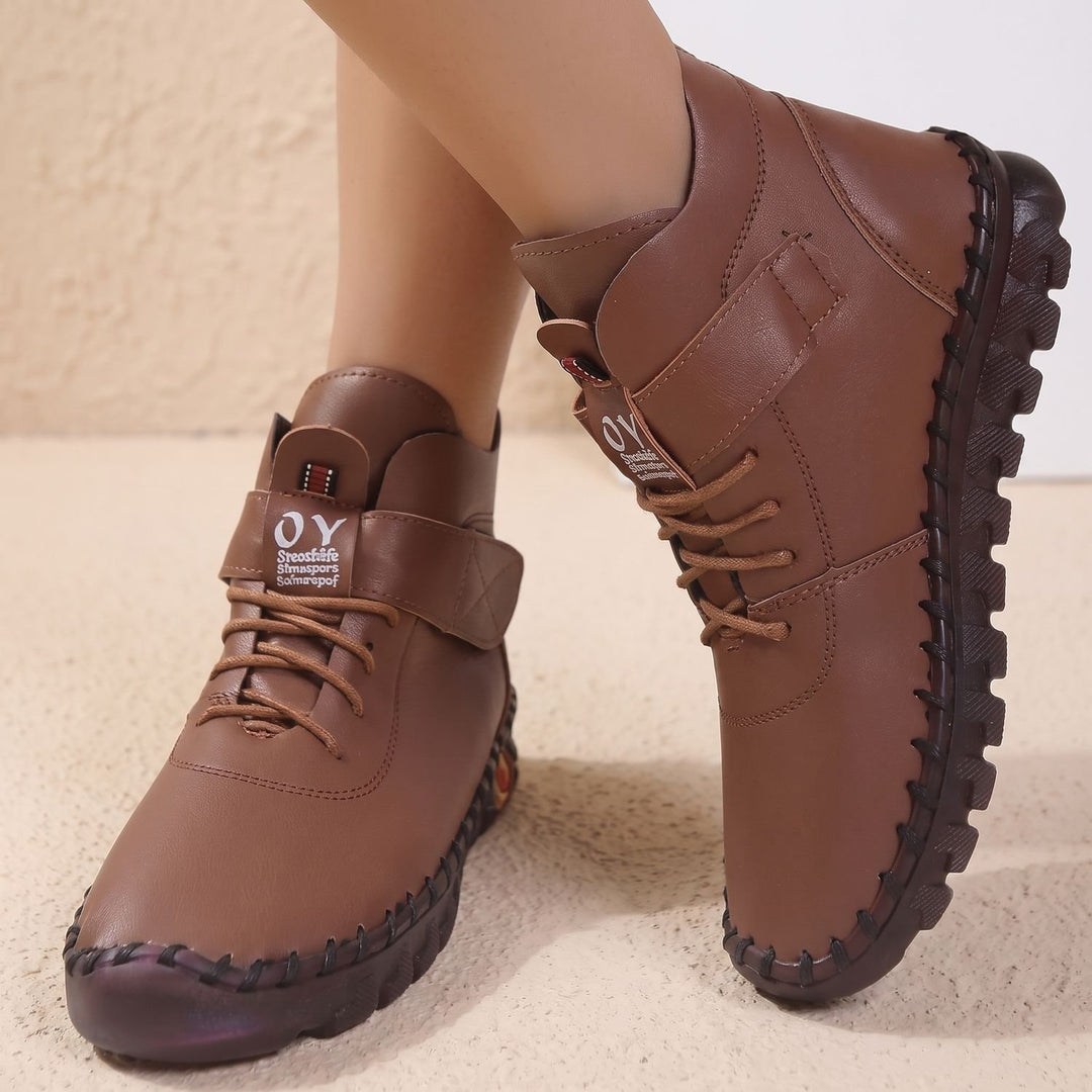 Damen Stiefeletten mit Klettverschluss elastischer Schnürung Profilsohle