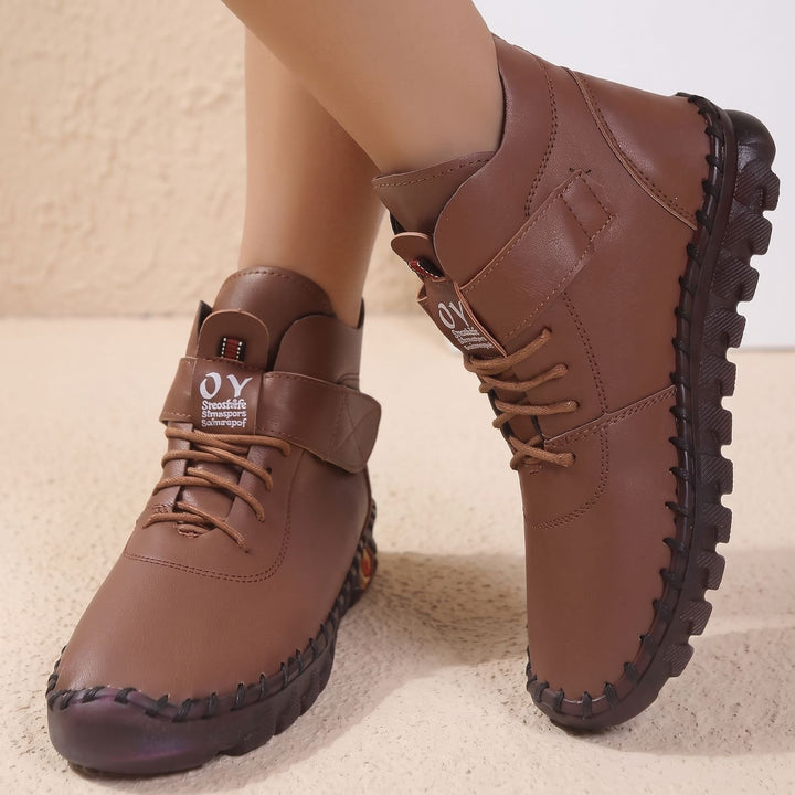 Damen Stiefeletten mit Klettverschluss elastischer Schnürung Profilsohle