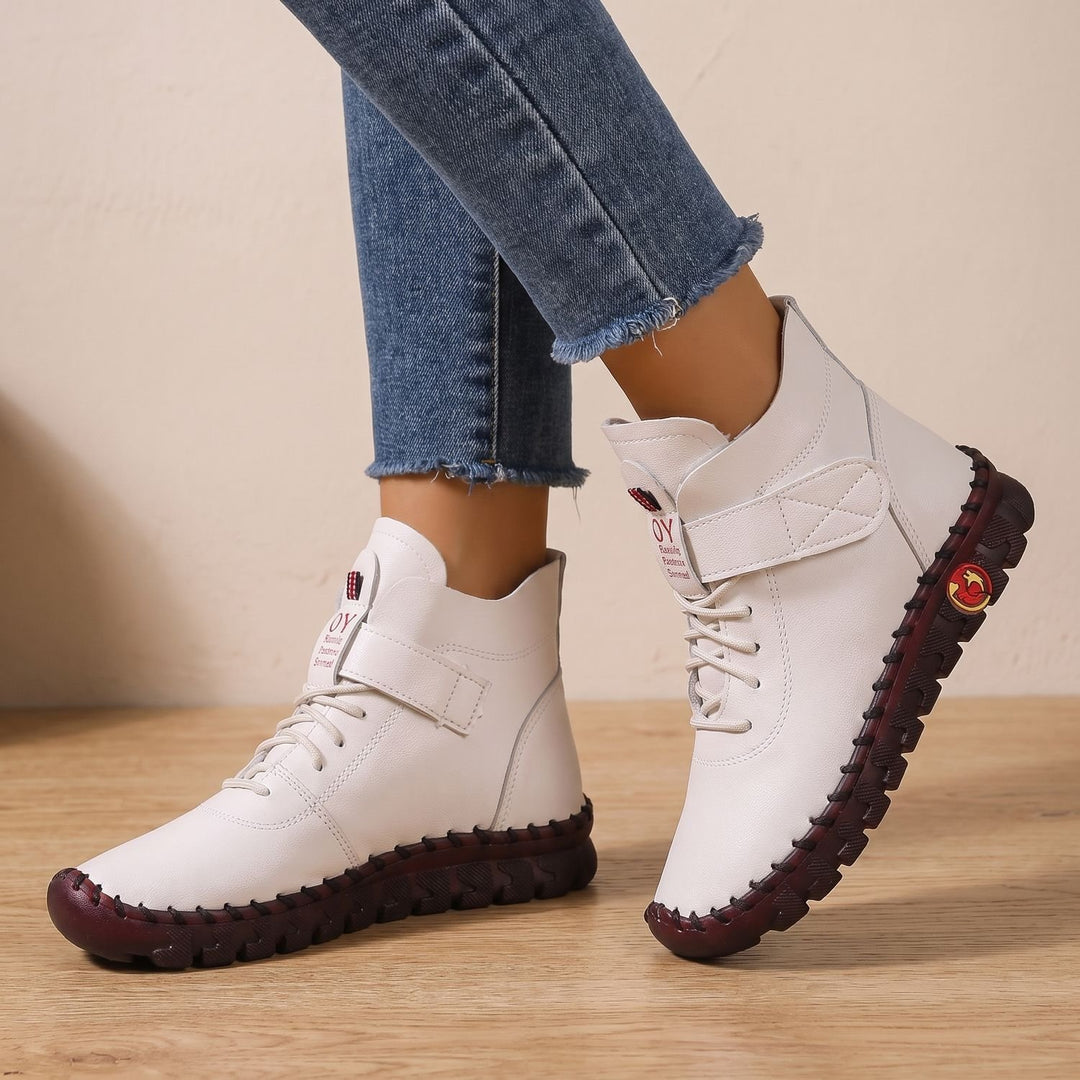 Damen Stiefeletten mit Klettverschluss elastischer Schnürung Profilsohle - Weiß