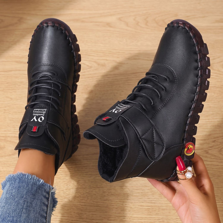 Damen Stiefeletten mit Klettverschluss elastischer Schnürung Profilsohle - Schwarz