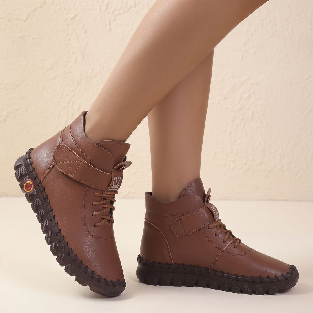 Damen Stiefeletten mit Klettverschluss elastischer Schnürung Profilsohle - Braun