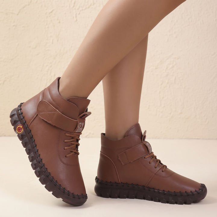 Damen Stiefeletten mit Klettverschluss elastischer Schnürung Profilsohle - Braun