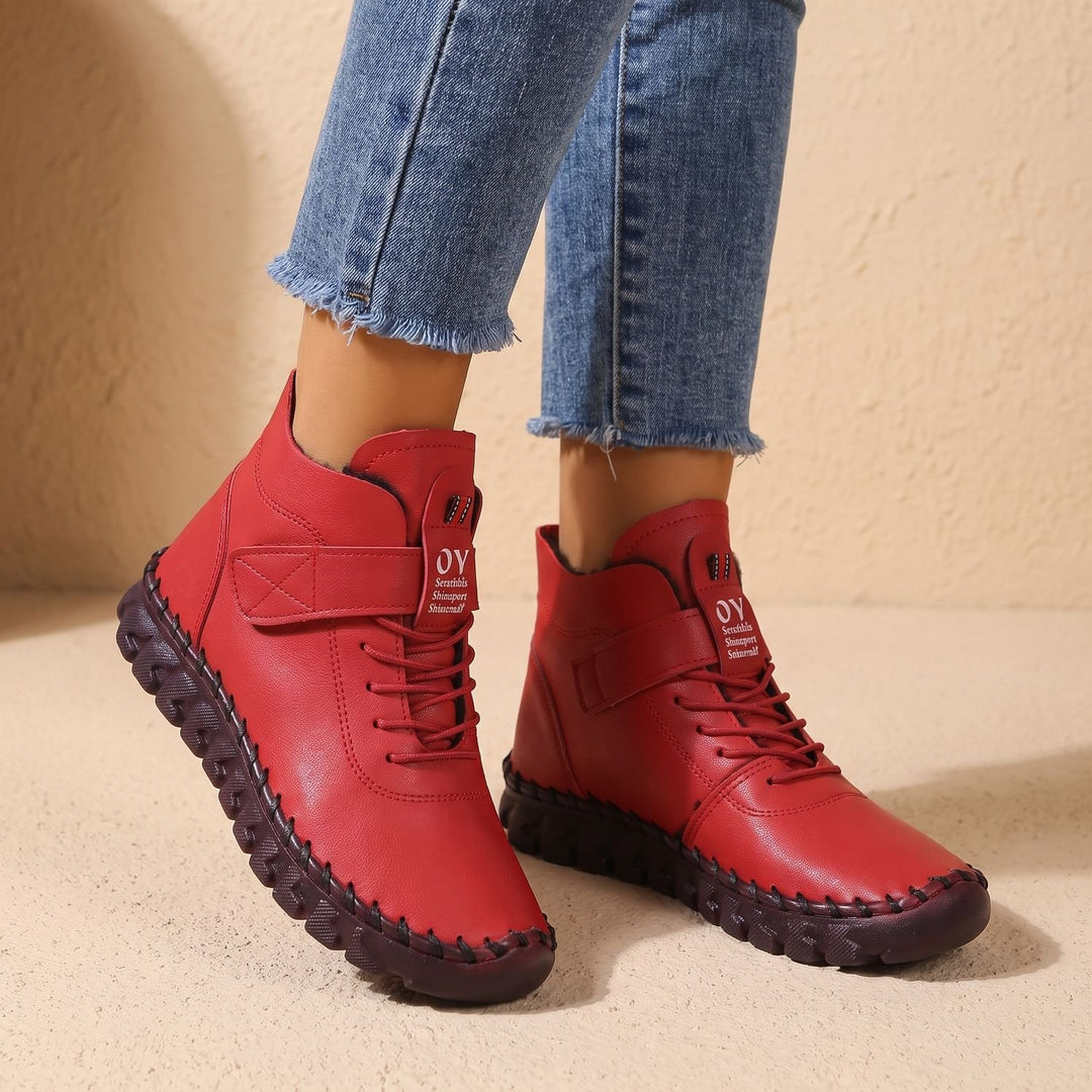 Damen Stiefeletten mit Klettverschluss elastischer Schnürung Profilsohle - Rot