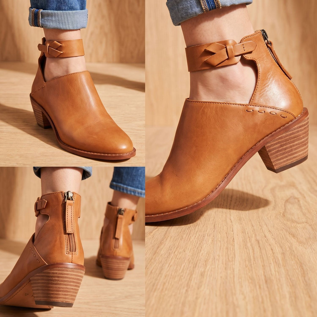 Damen Stiefeletten mit Schleifenriemen und Blockabsatz - Beige